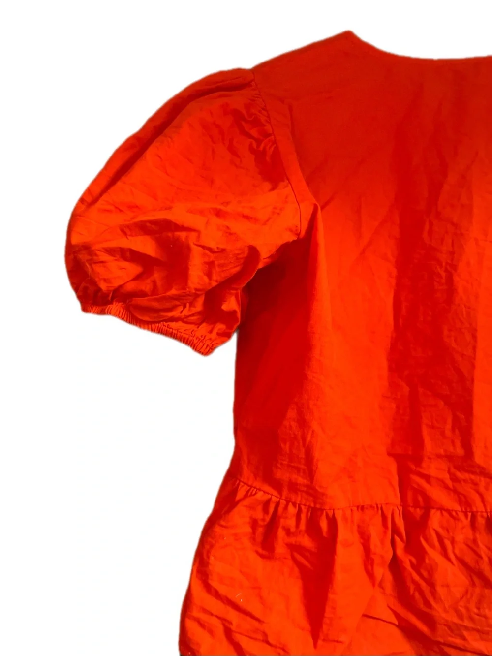 Puff Sleeve Vibrant Red Orange Cotton Blouse with Tie Closure Size L Boho Summer - Picture 6 of 12